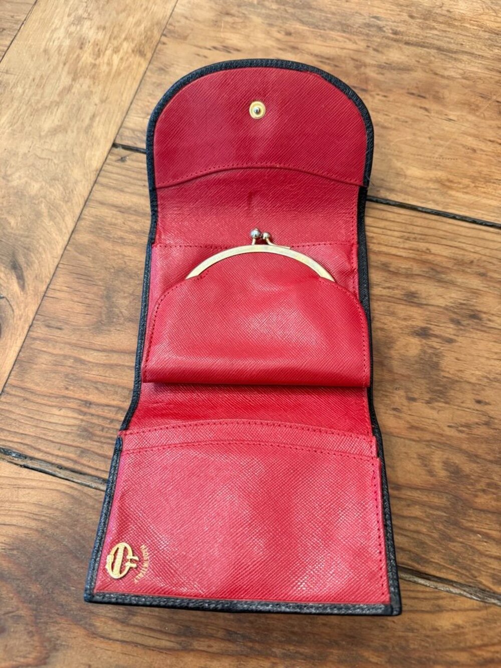 Italian "HAPPENING" Tri Fold Coin Pocket WALLET Black Calf/Red Saffiano Leather